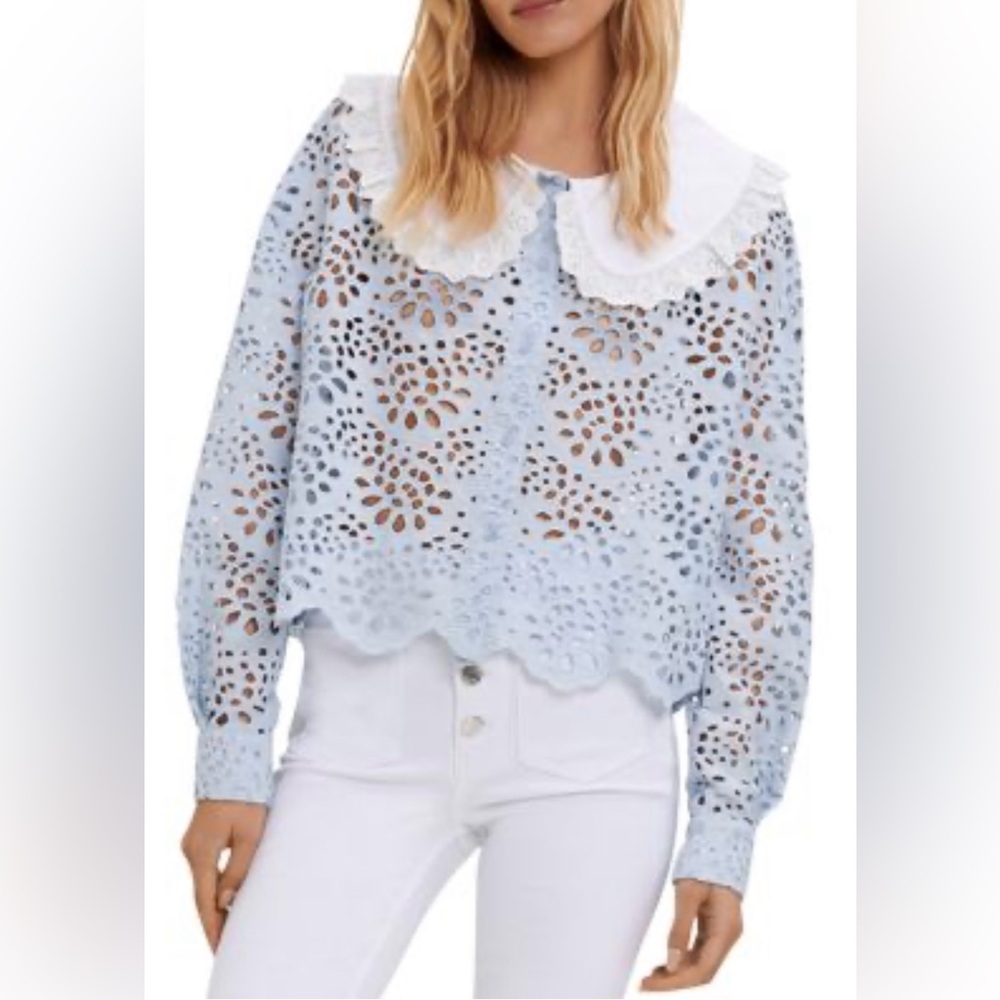 MAJE Guipure Lace Top Blouse With Collar Sky Blue Small $345 SOLD OUT